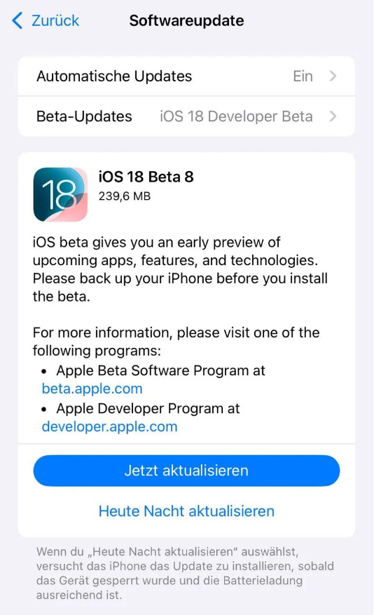 古县苹果手机维修分享苹果 iOS / iPadOS 18 开发者预览版 Beta 8 发布 